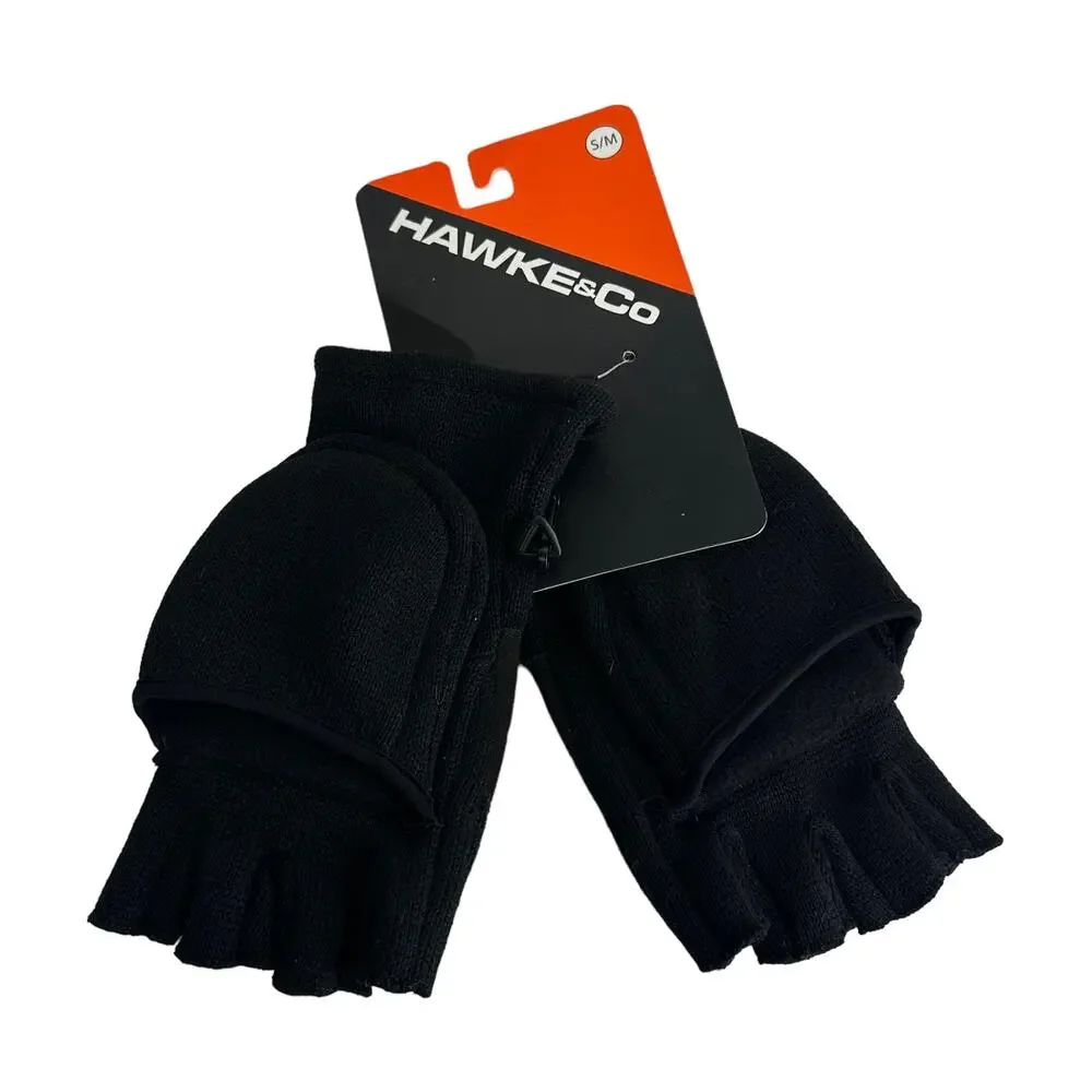 Hawke & Co Fleece Black Ribbed Convertible Mittens Men's Size S/M
